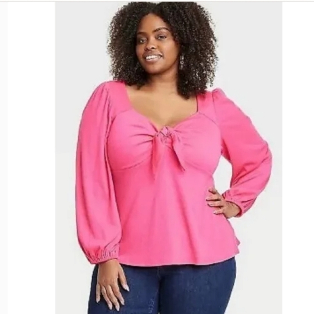 Ava & Viv Pink Tie Front long Sleeve Blouse